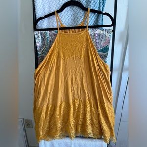 XL Grecian neck mustard tank, lace details on neckline and bottom hem, A-line